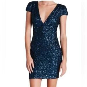Dress the Population Blue Zoe Sequin V-Neck Short Sleeve Mini Dress Women's M